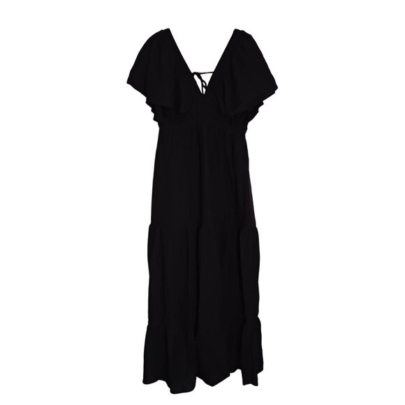 NEW Mila Mae Flutter Sleeve Tiered Maxi Dress in Black, Size M, Open Tie Back - Picture 4 of 13